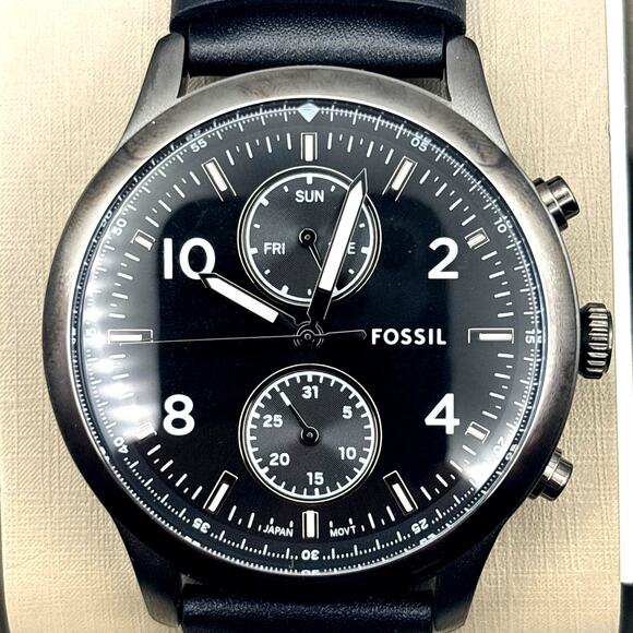 Fossil Bennett BQM7089 Mens 45mm Black Dial Black Leather Multifunction Quartz - Picture 1 of 17